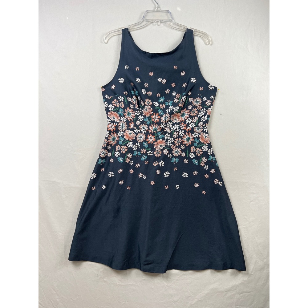 LOFT Outlet Floral Fit & Flare Dress Womens 10 Navy Blue Sleeveless Cotton
